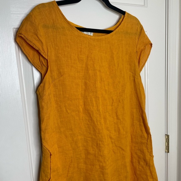 100% LINO Mustard Yellow Short Sleeve linen embroidered Dress with pockets | L - Picture 2 of 11